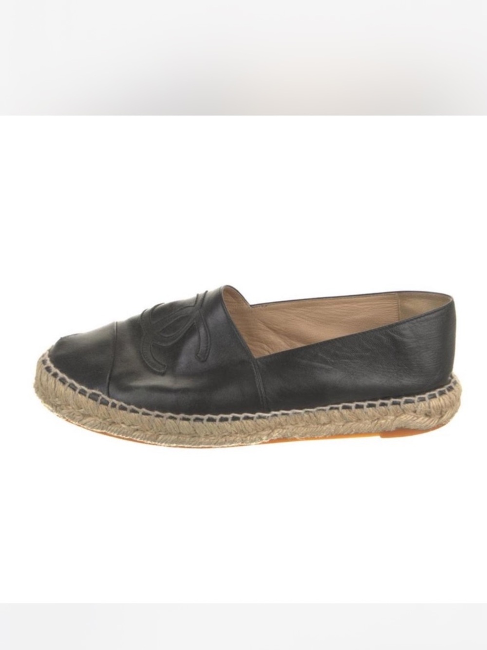 CHANEL Black Leather Espadrille Flats Slip-On with Jute Sole flat